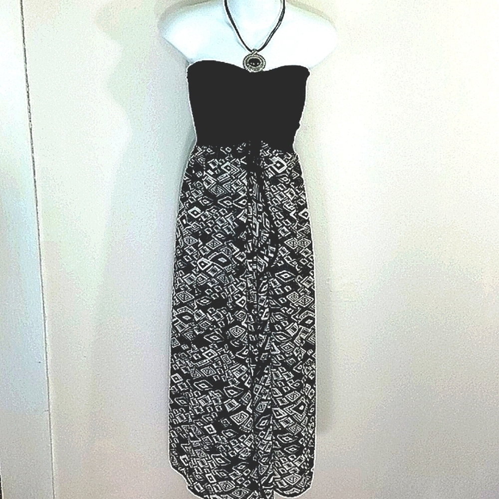 Raviya Black White Geometric Strapless Maxi Tube Dress Swim Cover-Up Small